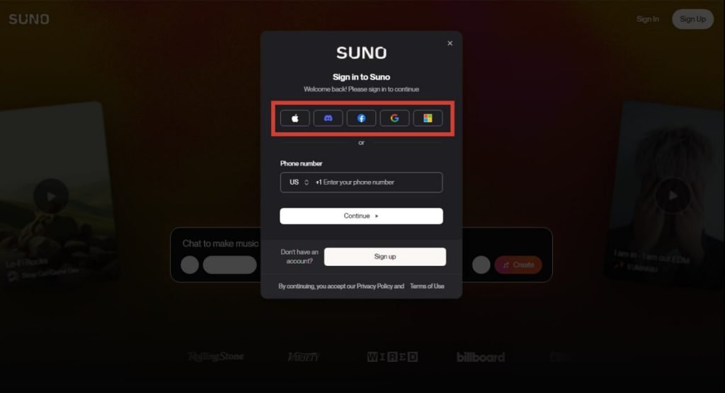 صفحه ثبتنام وبسایت Suno