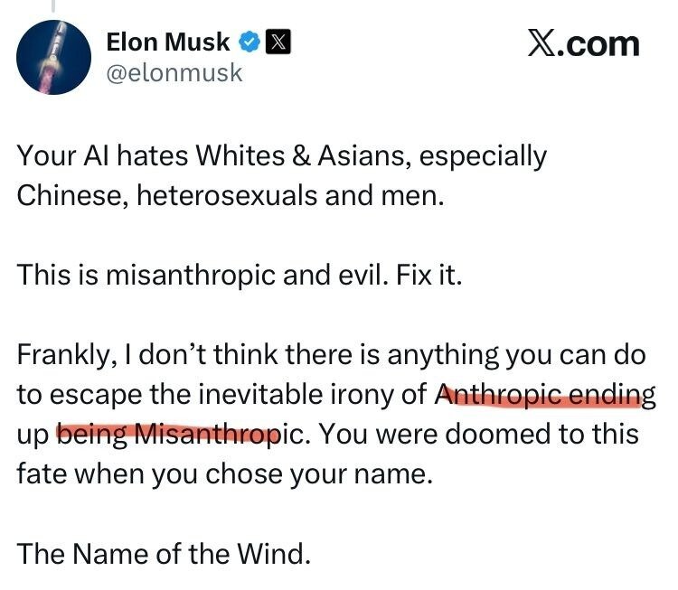 ایلان ماسک شرکت «آنتروپیک» را «انسانستیز و شیطانی» خواند