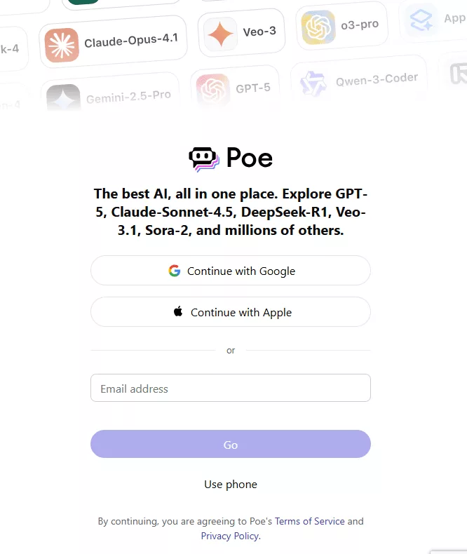 صفحه لاگین سایت poe که امکان ورود با حساب گوگل، حساب اپل و سایر ایمیل ها به ترتیب از بالا به پایین در آن موجود است