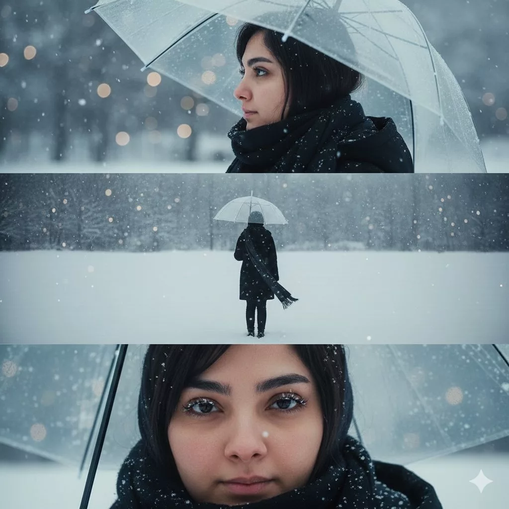 سه نمای مختلف از یک خانم با چتری شفاف ایستاده در نمایی زمستانی که برف در آن در حال بارش است