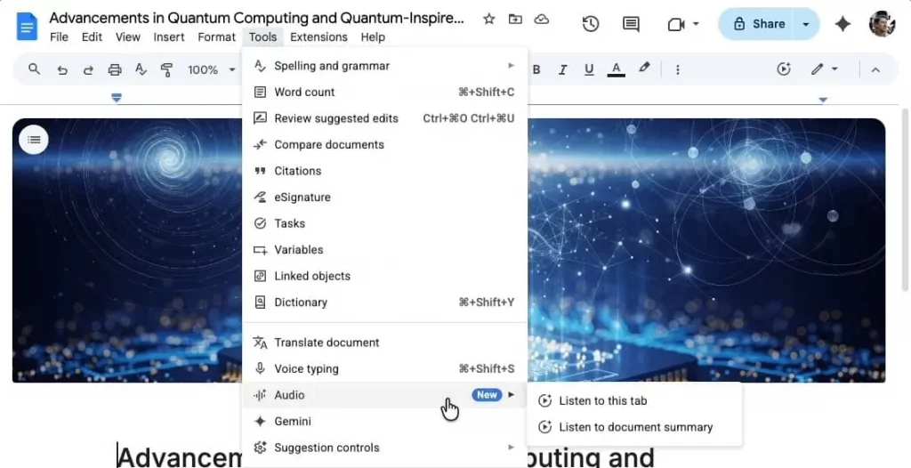 قابلیت خلاصه‌سازی صوتی جمینای در Google Docs