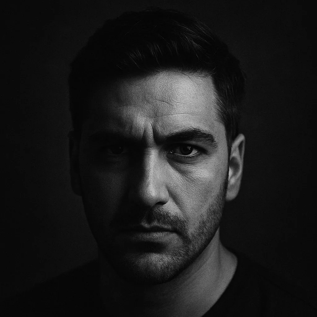پرتره سیاه سفید با کنتراست بالا از چهره یک مرد ساخته شده با پرامپت هوش مصنوعی